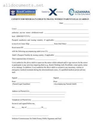 Fillable Royal Caribbean Parental Consent Template in PDF