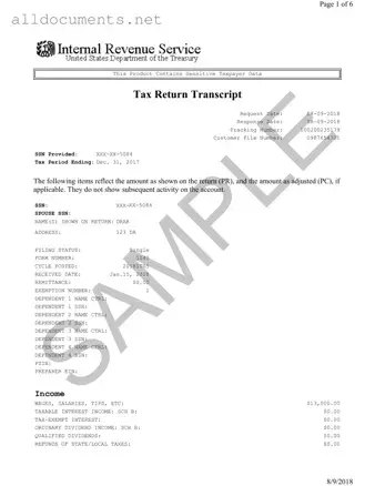 Fillable Sample Tax Return Transcript Template in PDF