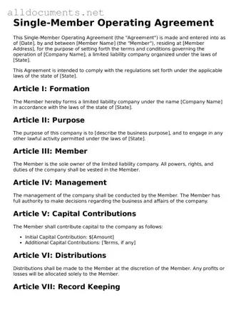 Free Single-Member Operating Agreement Document