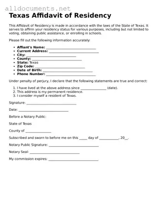 Official  Affidavit of Residency Template for Texas