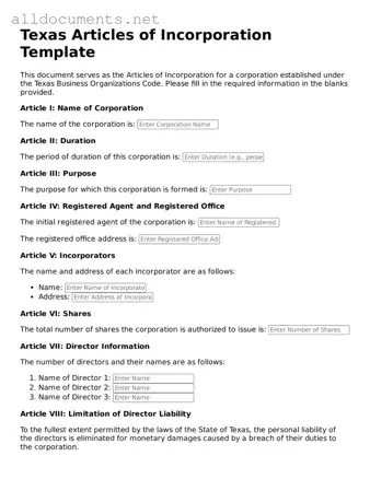 Official  Articles of Incorporation Template for Texas