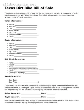 Official  Dirt Bike Bill of Sale Template for Texas