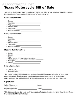 Official  Motorcycle Bill of Sale Template for Texas