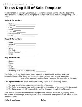 Official  Dog Bill of Sale Template for Texas