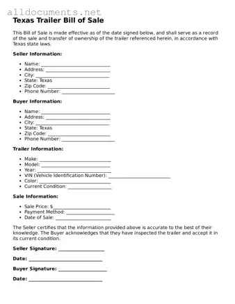 Official  Trailer Bill of Sale Template for Texas