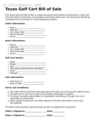 Official  Golf Cart Bill of Sale Template for Texas