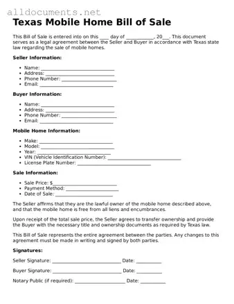 Official  Mobile Home Bill of Sale Template for Texas
