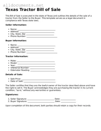 Official  Tractor Bill of Sale Template for Texas