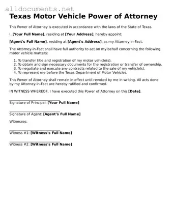 Official  Motor Vehicle Power of Attorney Template for Texas