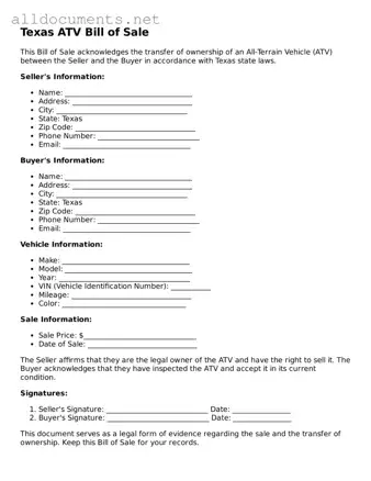 Official  ATV Bill of Sale Template for Texas