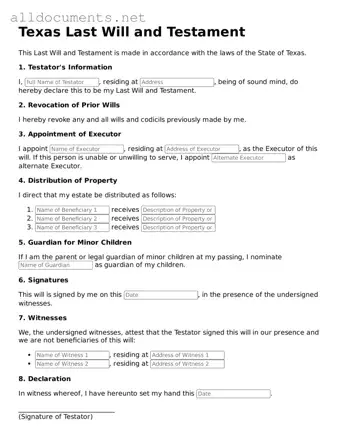 Official  Last Will and Testament Template for Texas