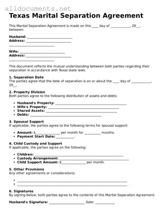 Official  Marital Separation Agreement Template for Texas