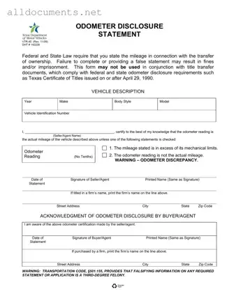 Fillable Texas Odometer Statement Template in PDF