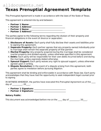 Official  Prenuptial Agreement Template for Texas