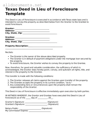 Official  Deed in Lieu of Foreclosure Template for Texas