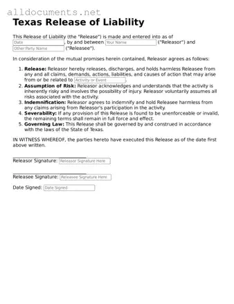 Official  Release of Liability Template for Texas