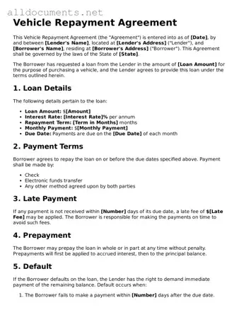 Free Vehicle Repayment Agreement Document