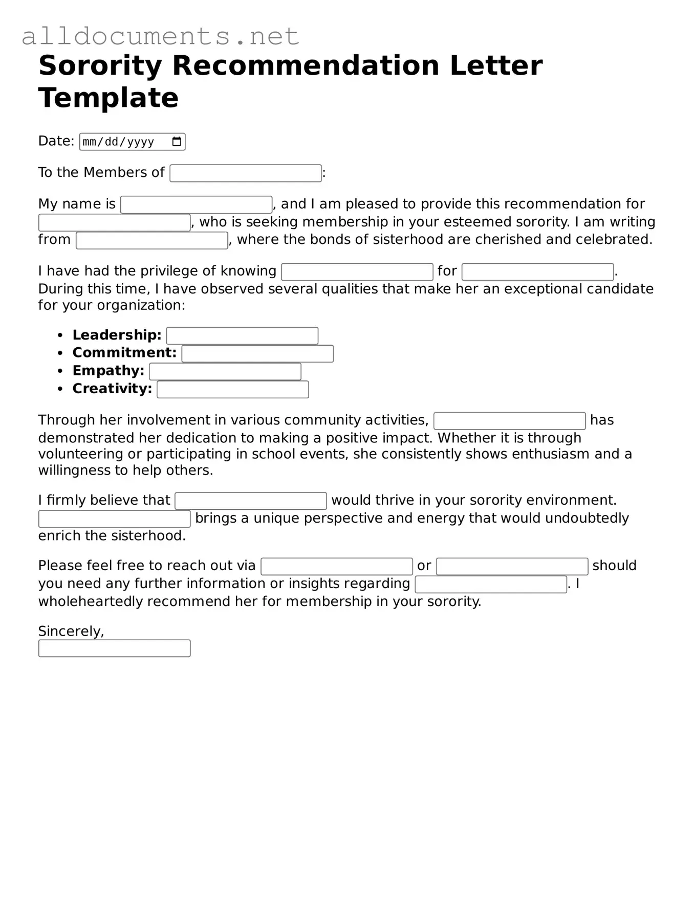 Free Sorority Recommendation Letter Document
