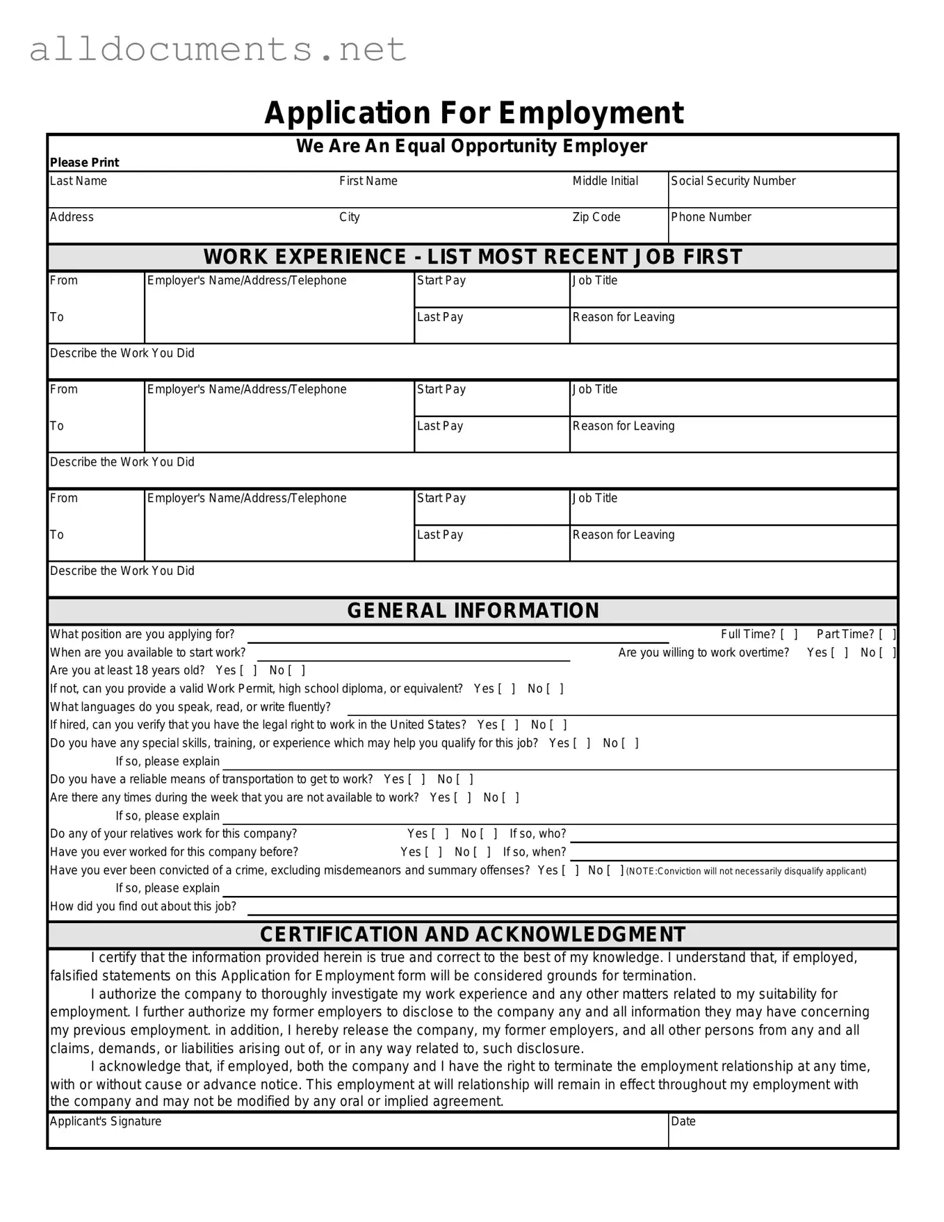 Fillable Spanish Application Employment Template in PDF