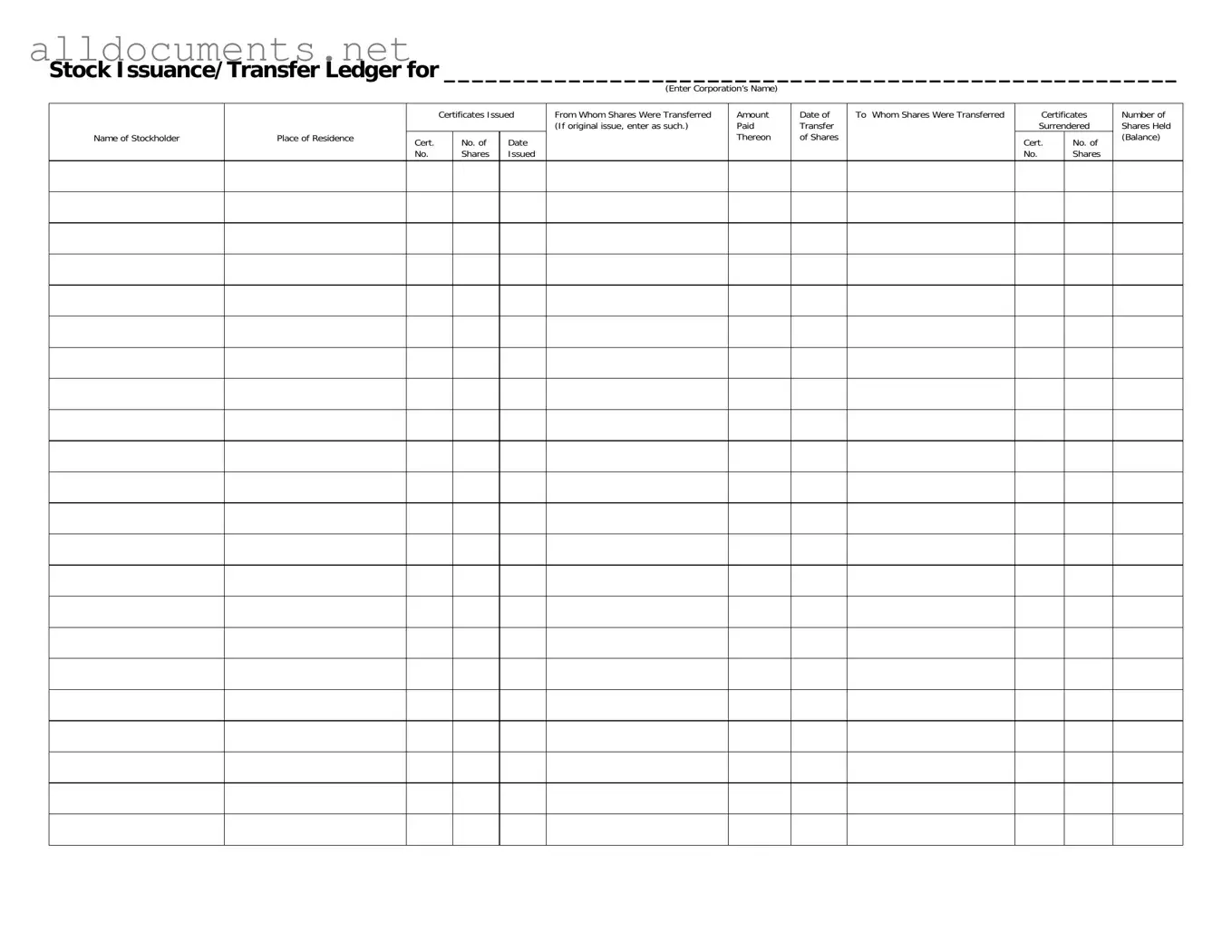 Fillable Stock Transfer Ledger Template in PDF