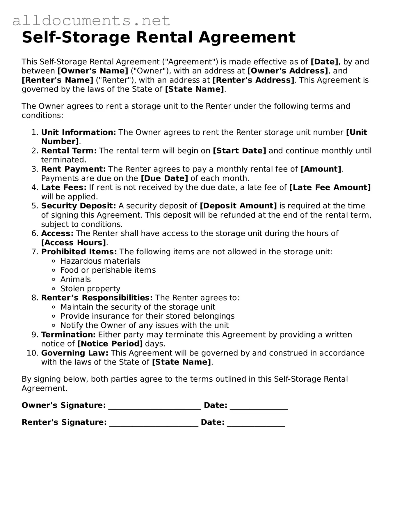 Free Self-Storage Rental Agreement Document