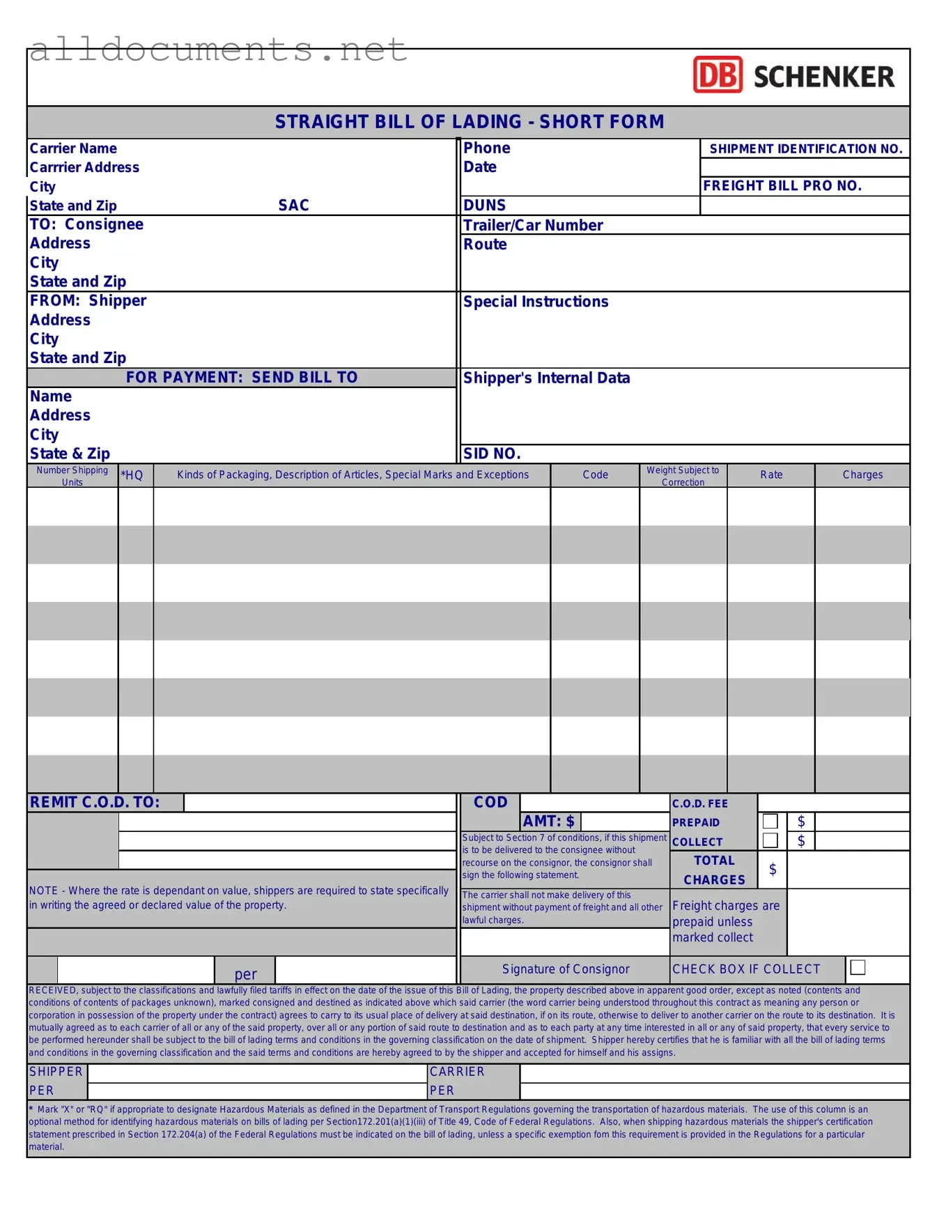 Fillable Straight Bill Of Lading Template in PDF