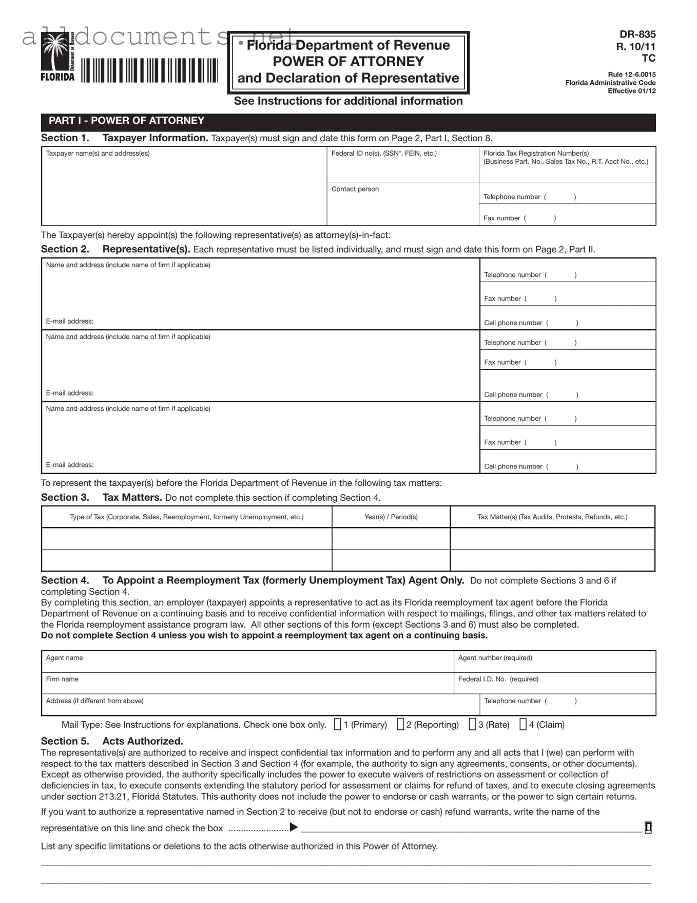 Fillable Tax POA dr 835 Template in PDF