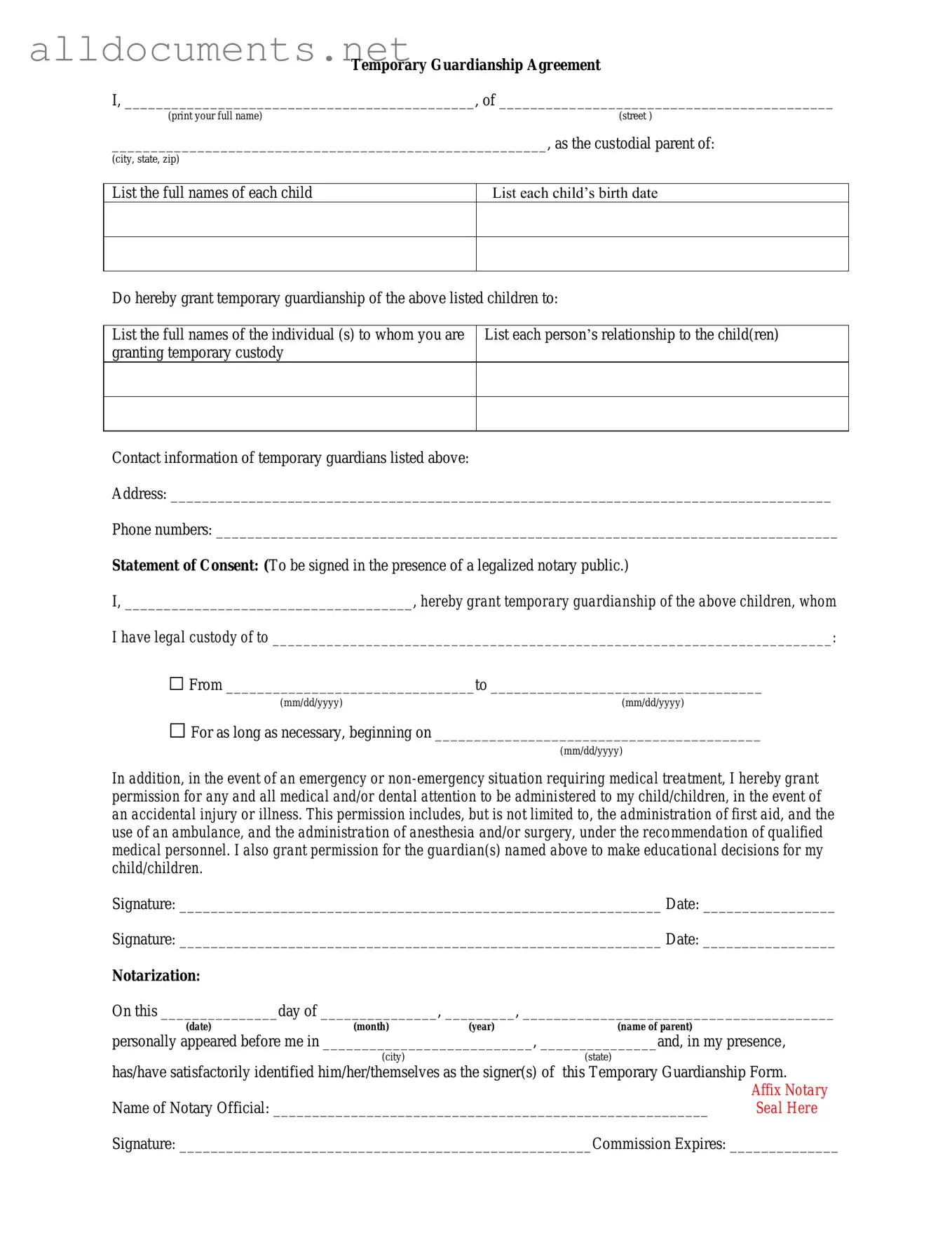 Fillable Temporary Custody Template in PDF