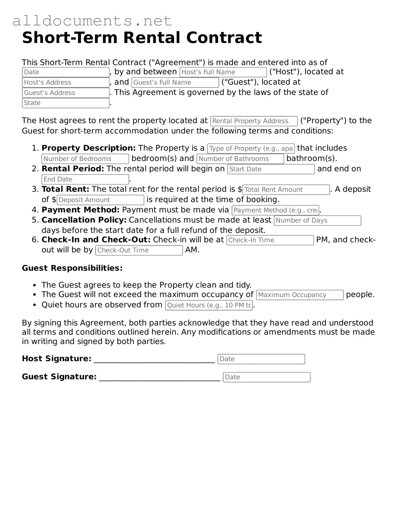 Free Short-Term Rental Contract Document