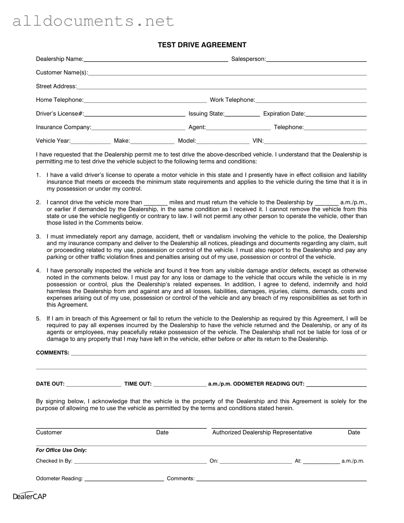 Fillable Test Drive Template in PDF