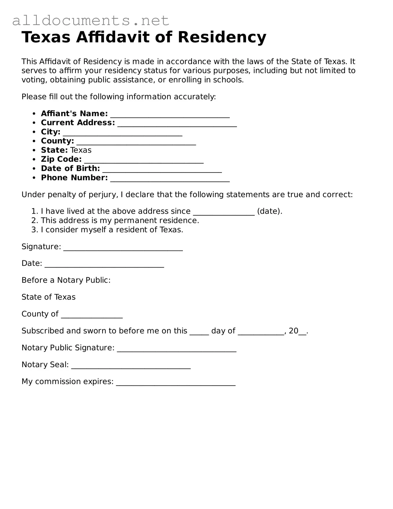Official  Affidavit of Residency Template for Texas