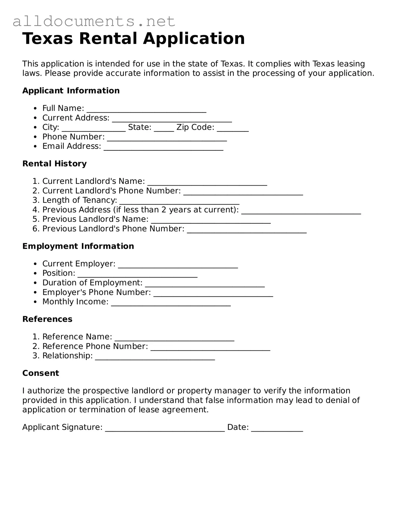 Official  Rental Application Template for Texas