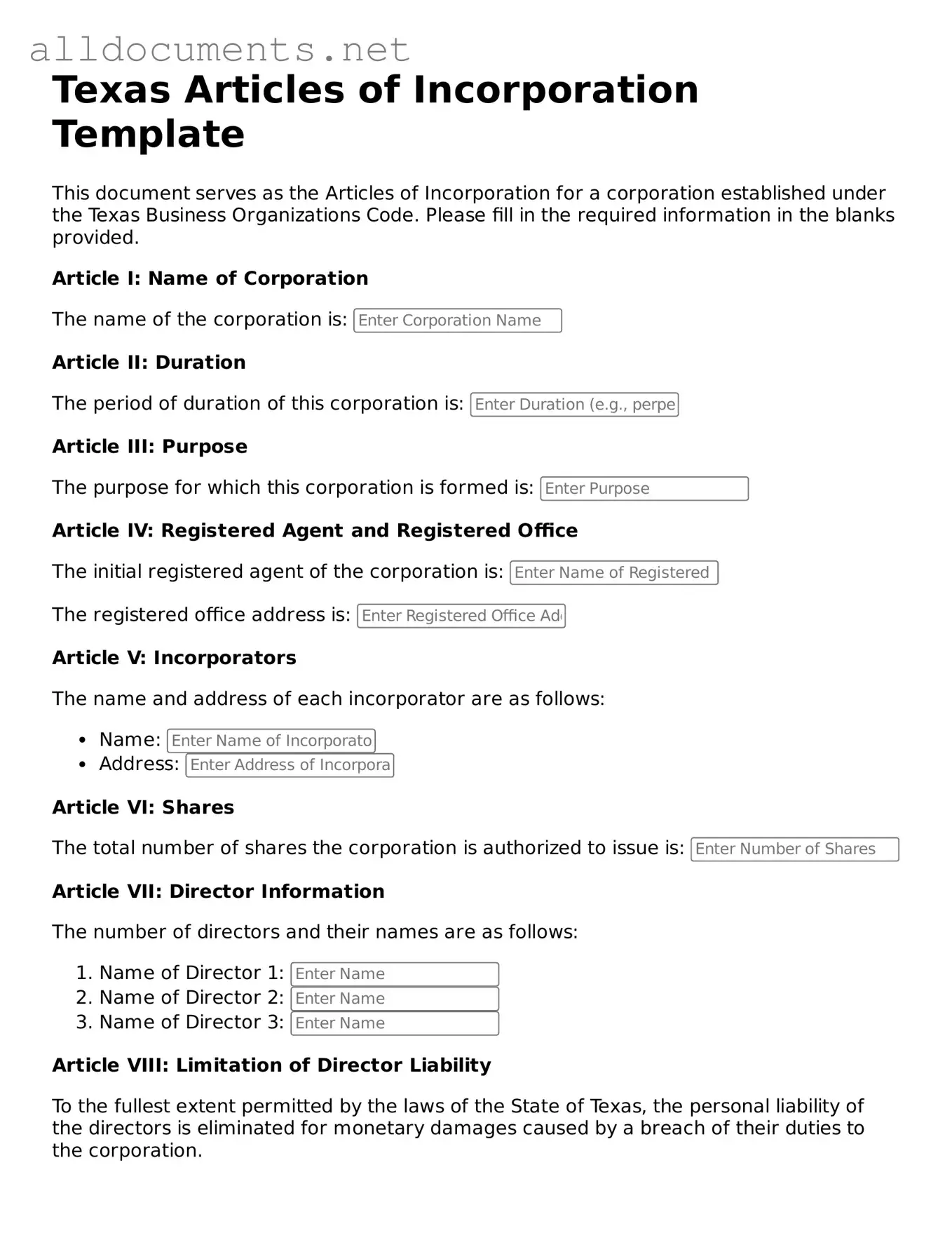 Official  Articles of Incorporation Template for Texas