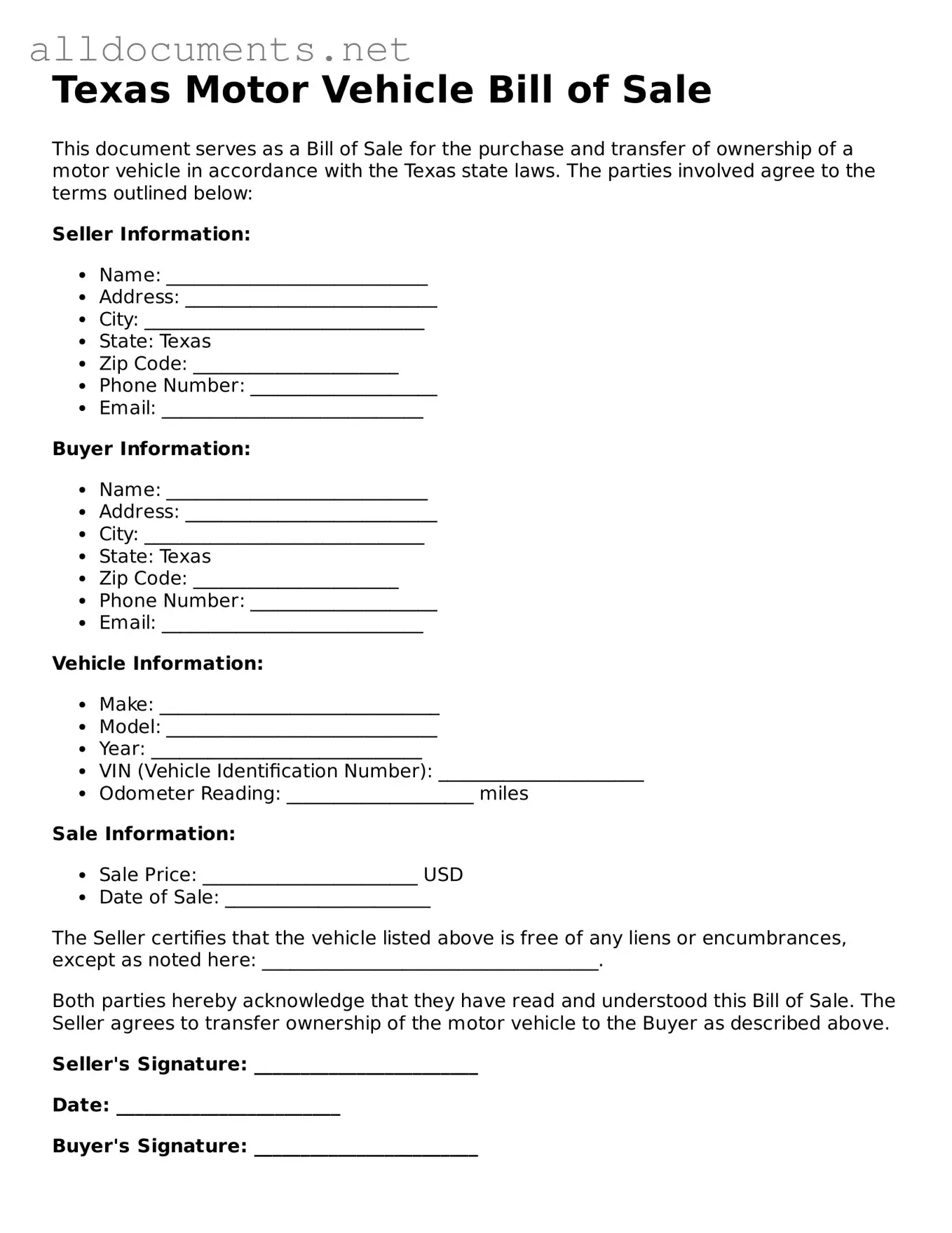 Official  Motor Vehicle Bill of Sale Template for Texas