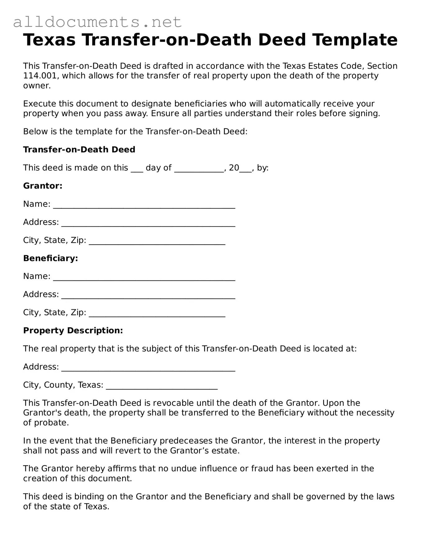 Official  Transfer-on-Death Deed Template for Texas
