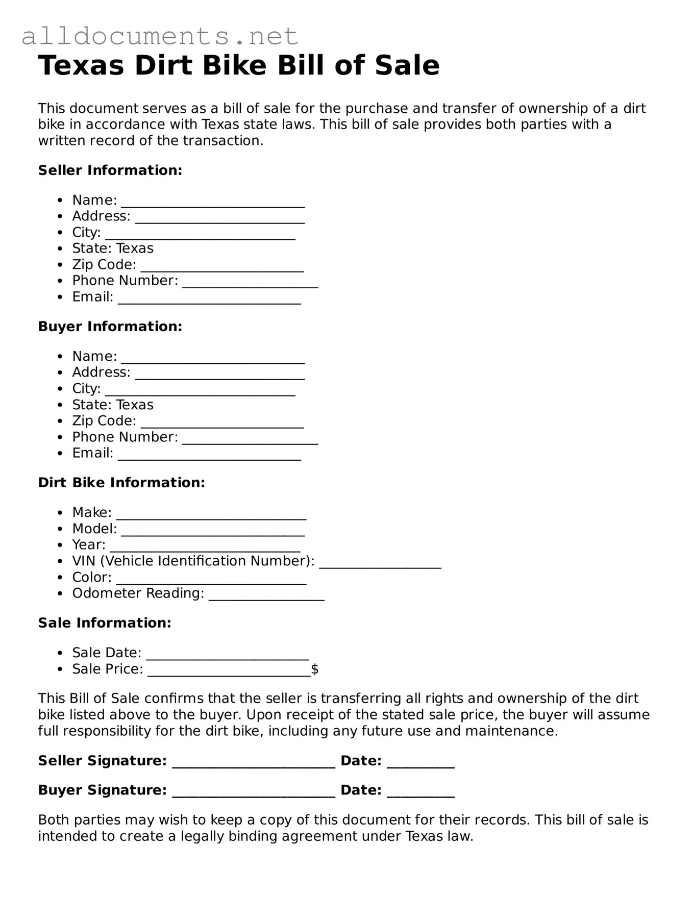 Official  Dirt Bike Bill of Sale Template for Texas