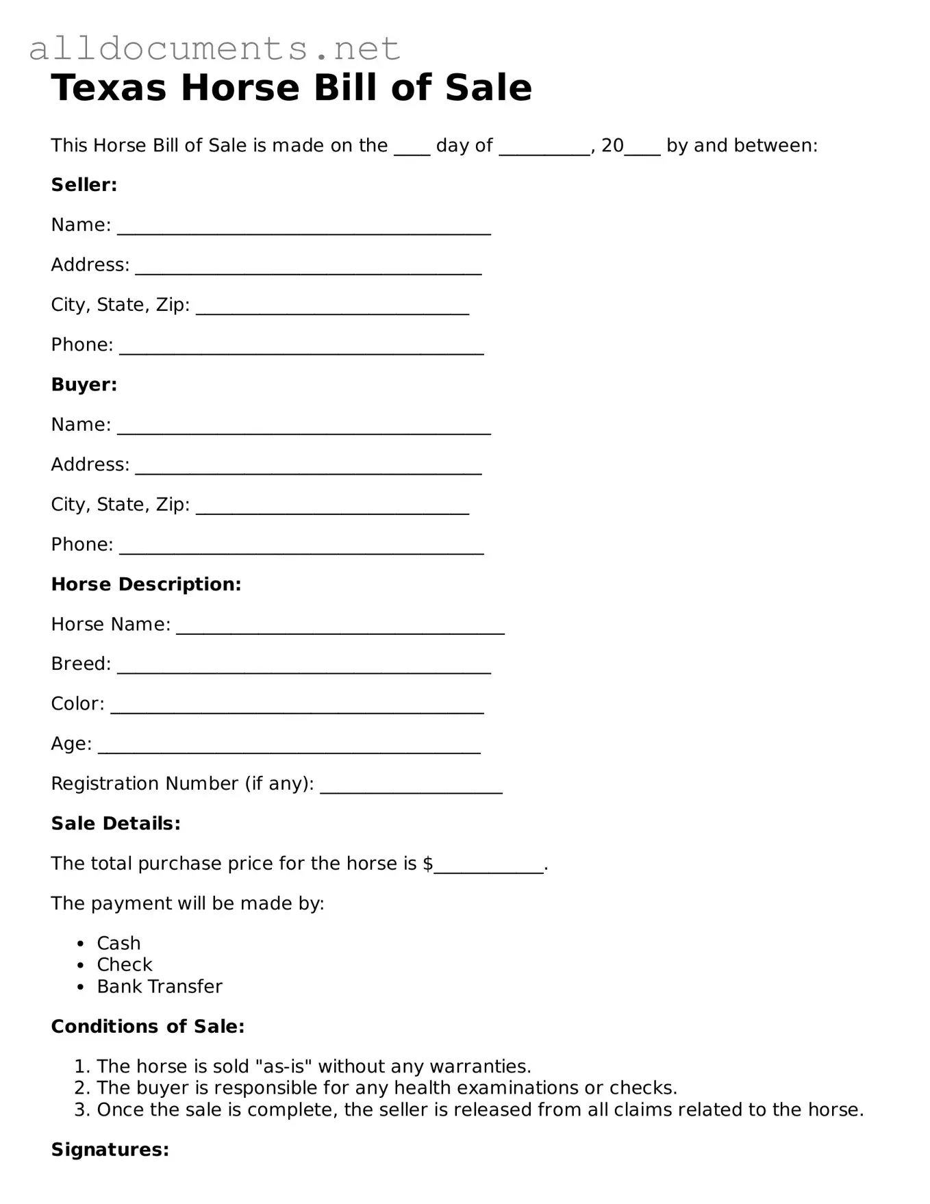 Official  Horse Bill of Sale Template for Texas