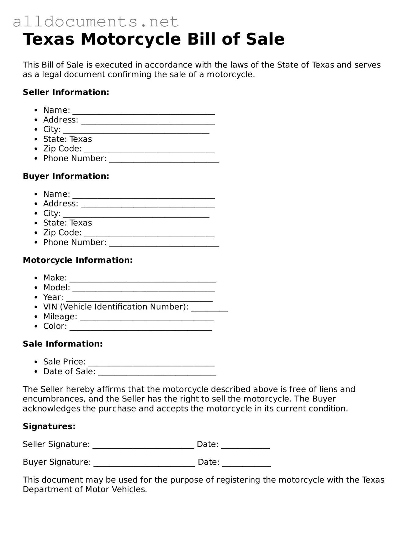 Official  Motorcycle Bill of Sale Template for Texas