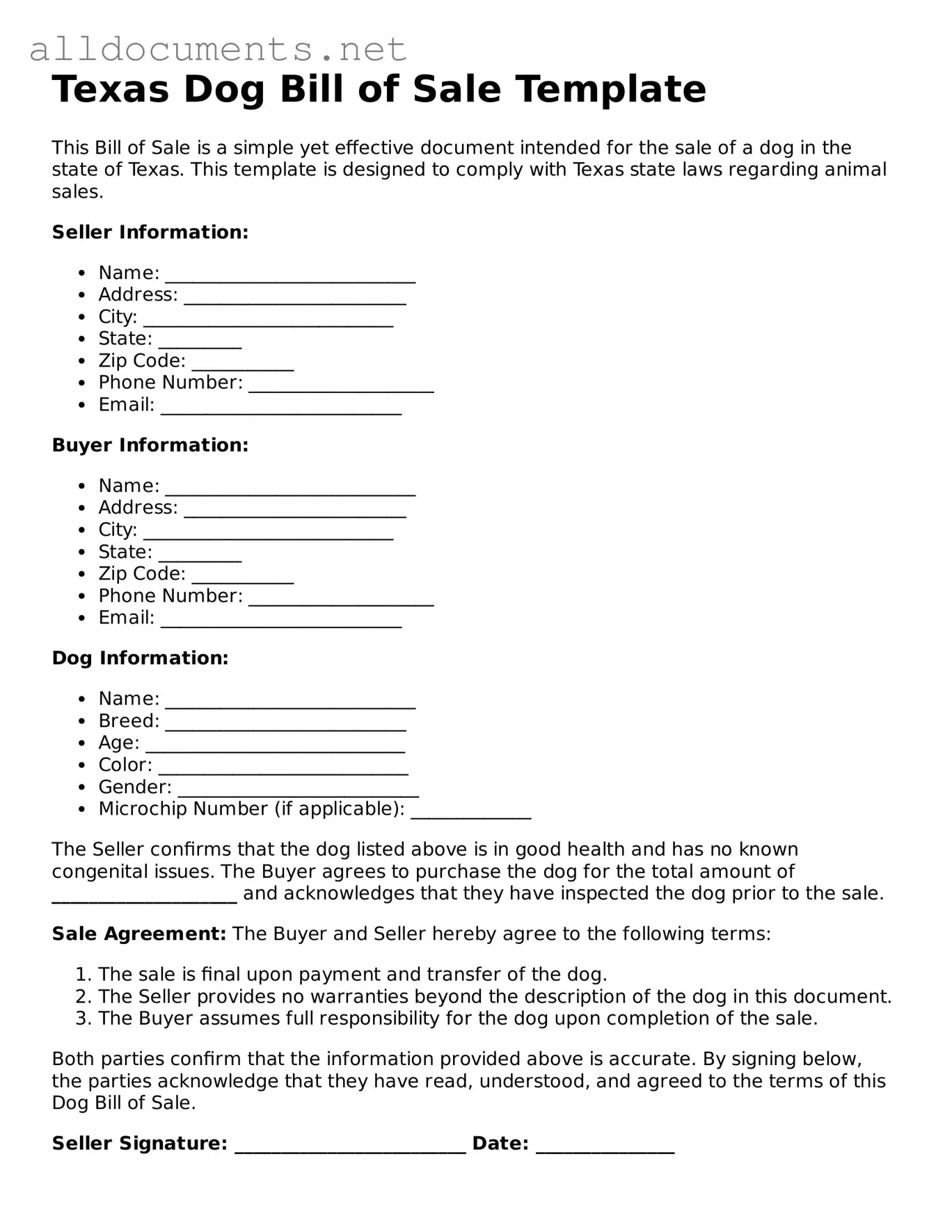 Official  Dog Bill of Sale Template for Texas