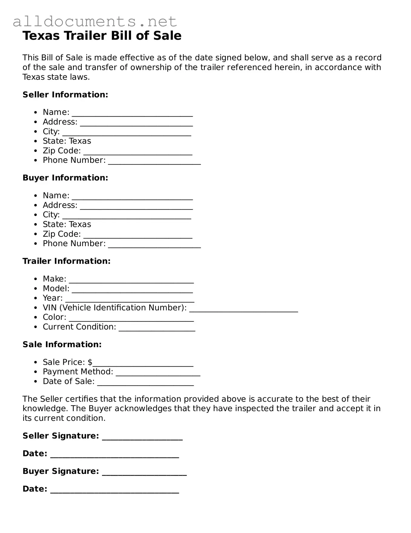 Official  Trailer Bill of Sale Template for Texas
