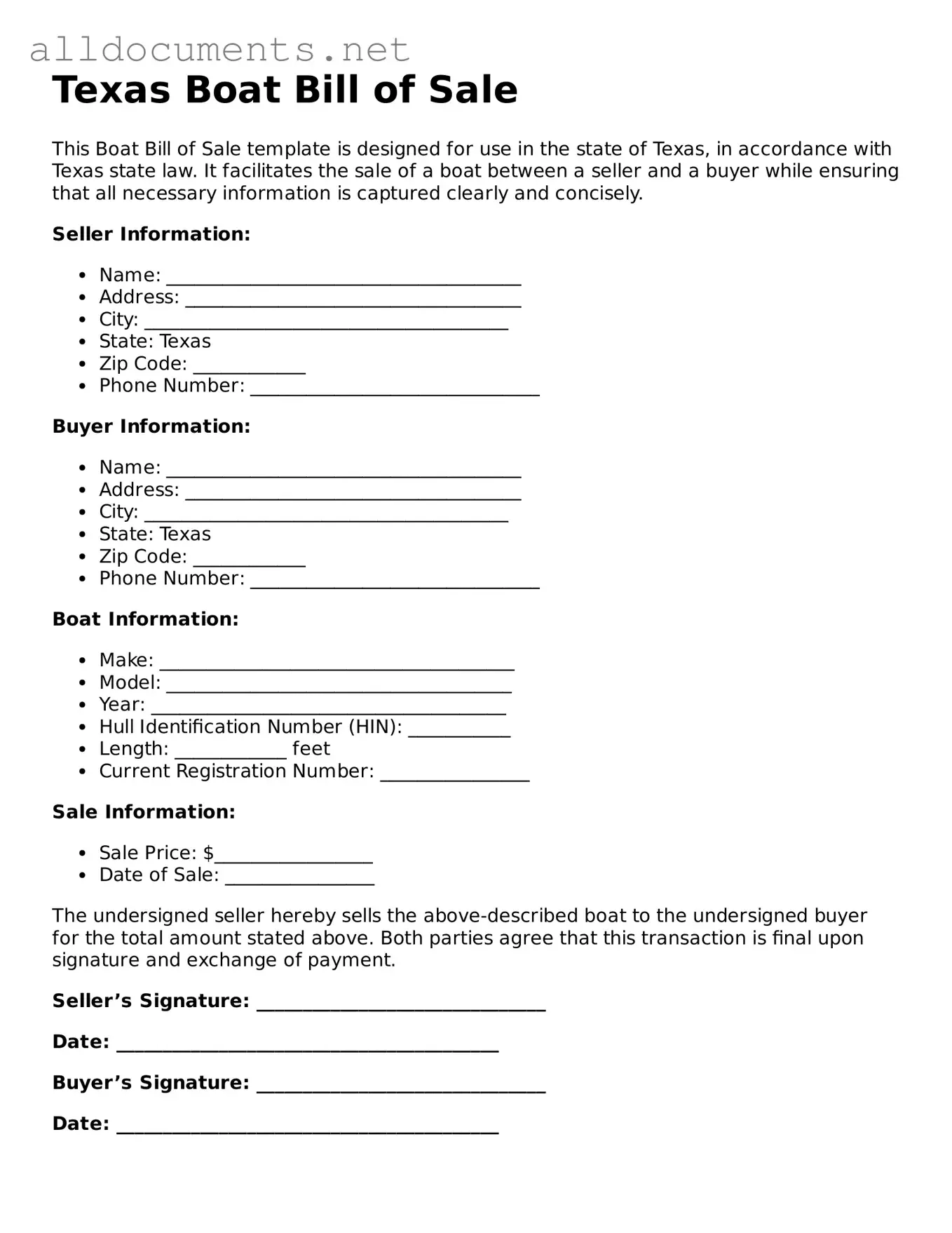Official  Boat Bill of Sale Template for Texas