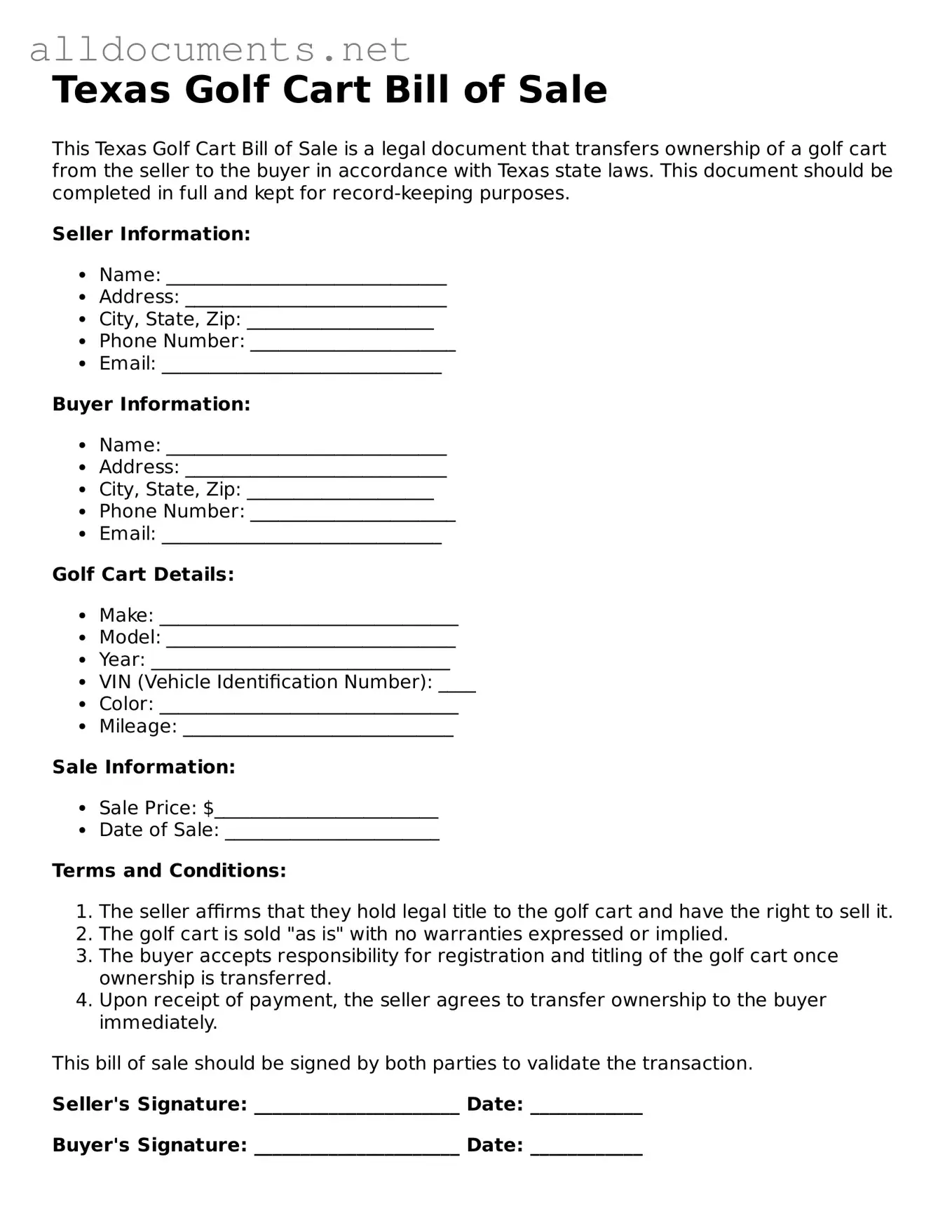 Official  Golf Cart Bill of Sale Template for Texas