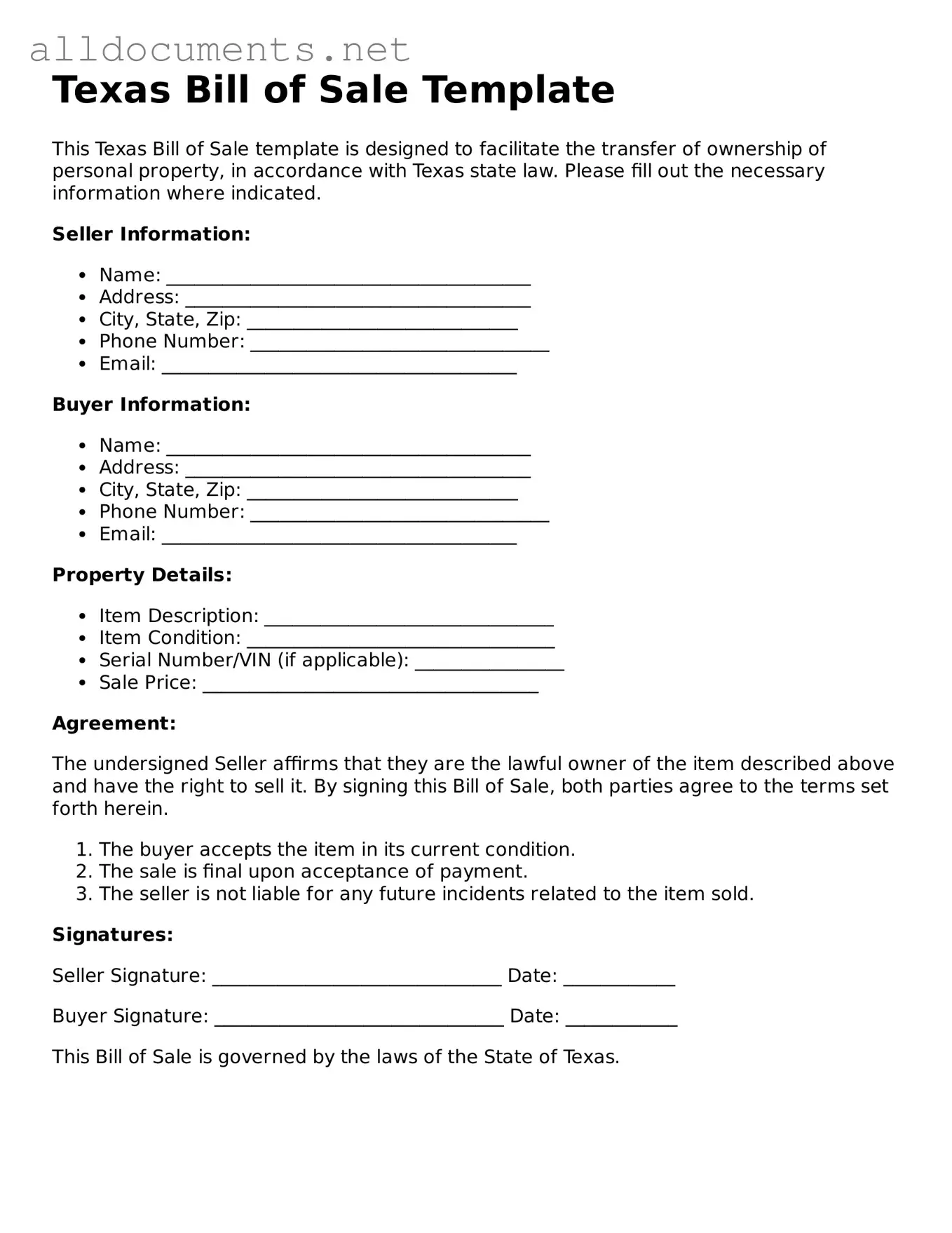 Official  Bill of Sale Template for Texas