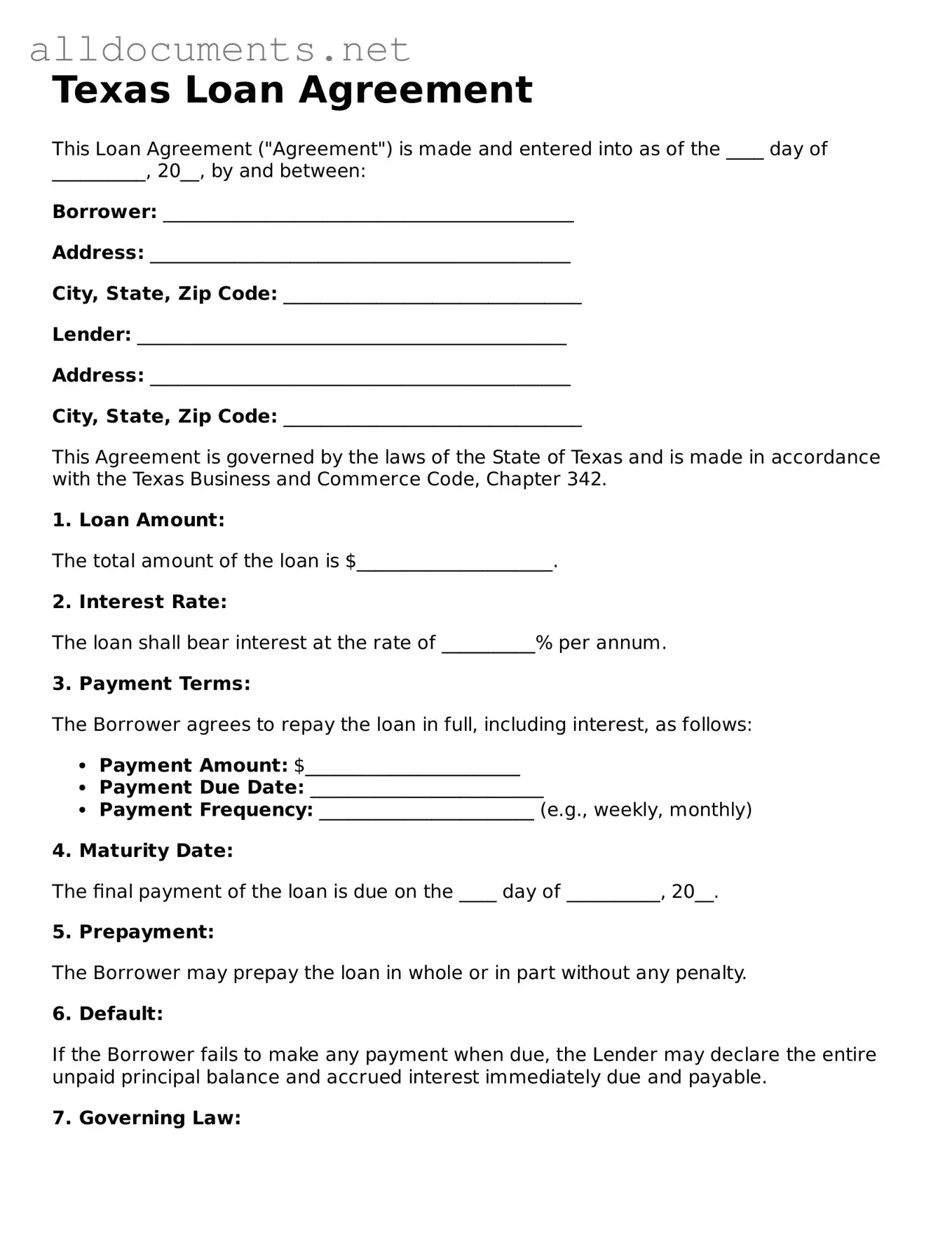 Official  Loan Agreement Template for Texas