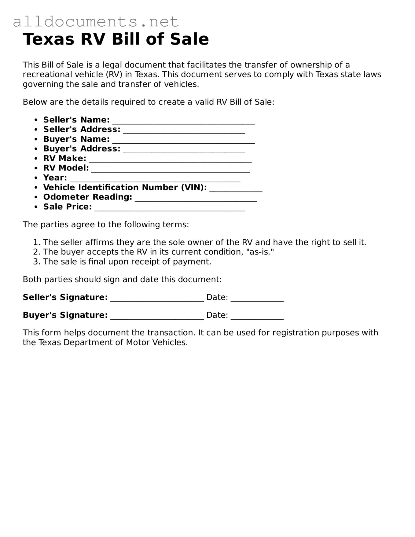 Official  RV Bill of Sale Template for Texas