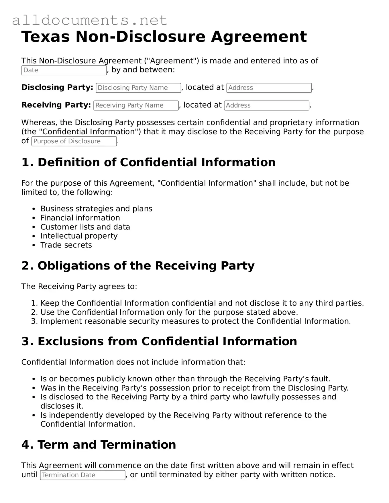 Official  Non-disclosure Agreement Template for Texas