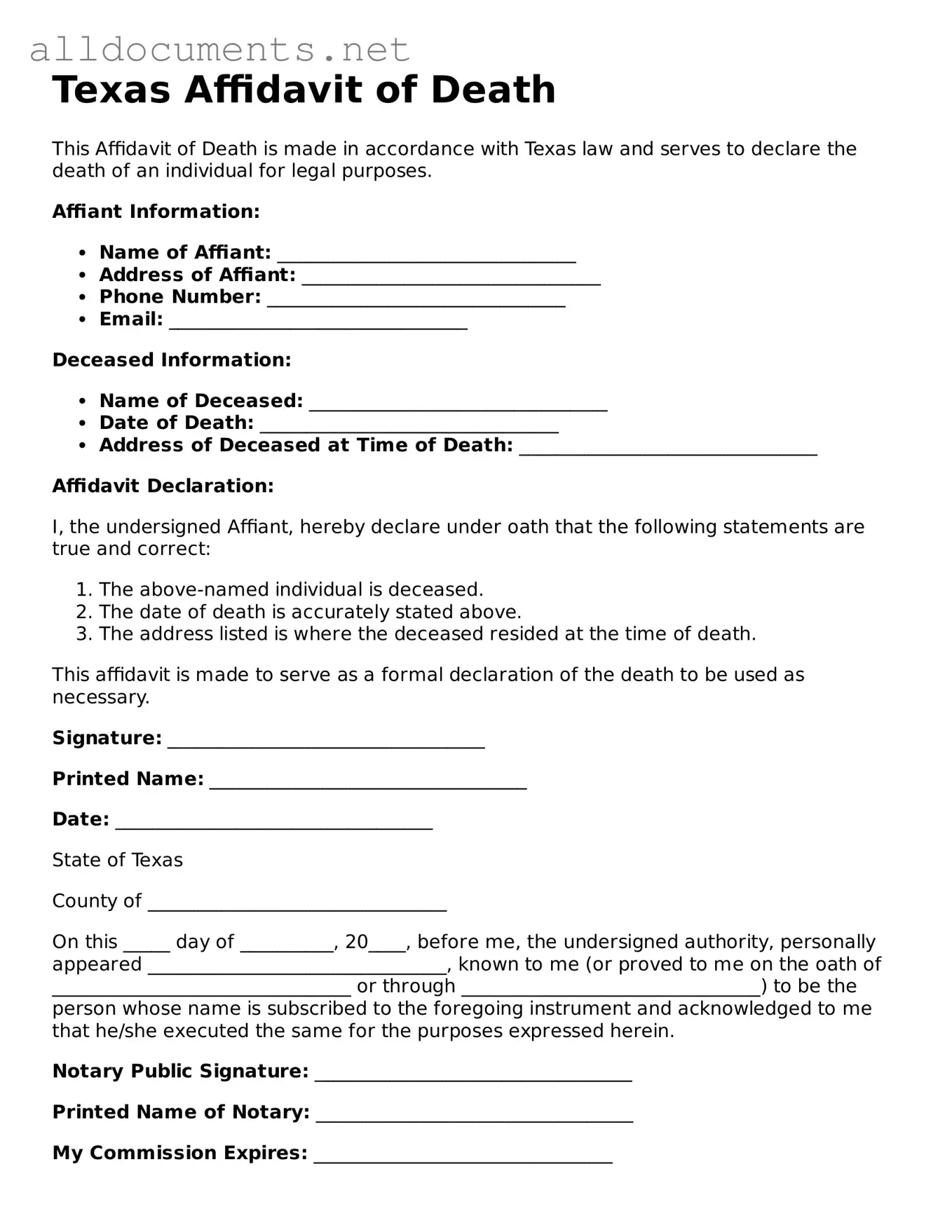 Official  Affidavit of Death Template for Texas