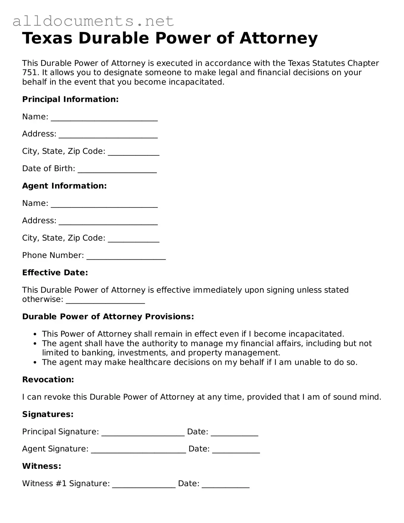 Official  Durable Power of Attorney Template for Texas