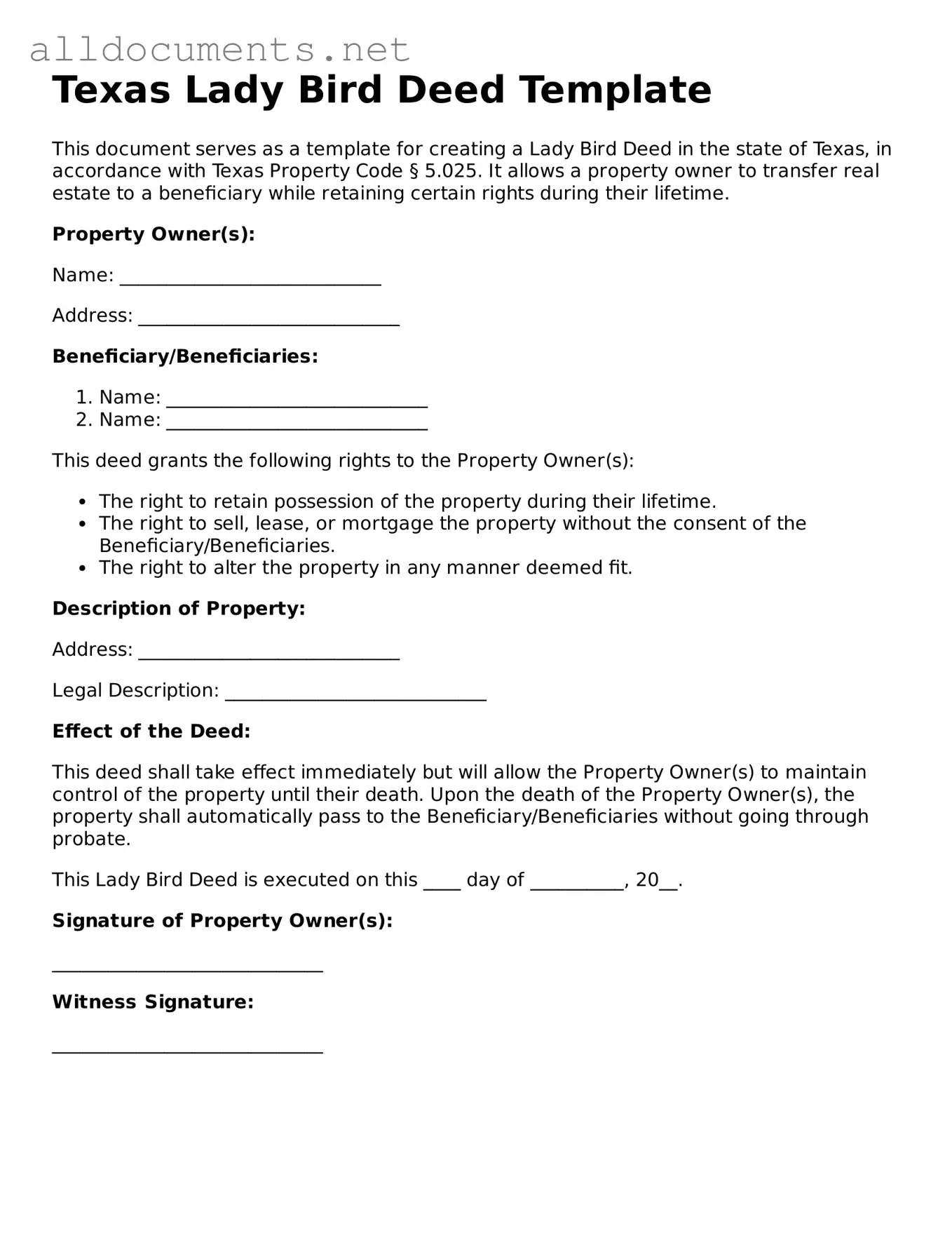 Official  Lady Bird Deed Template for Texas