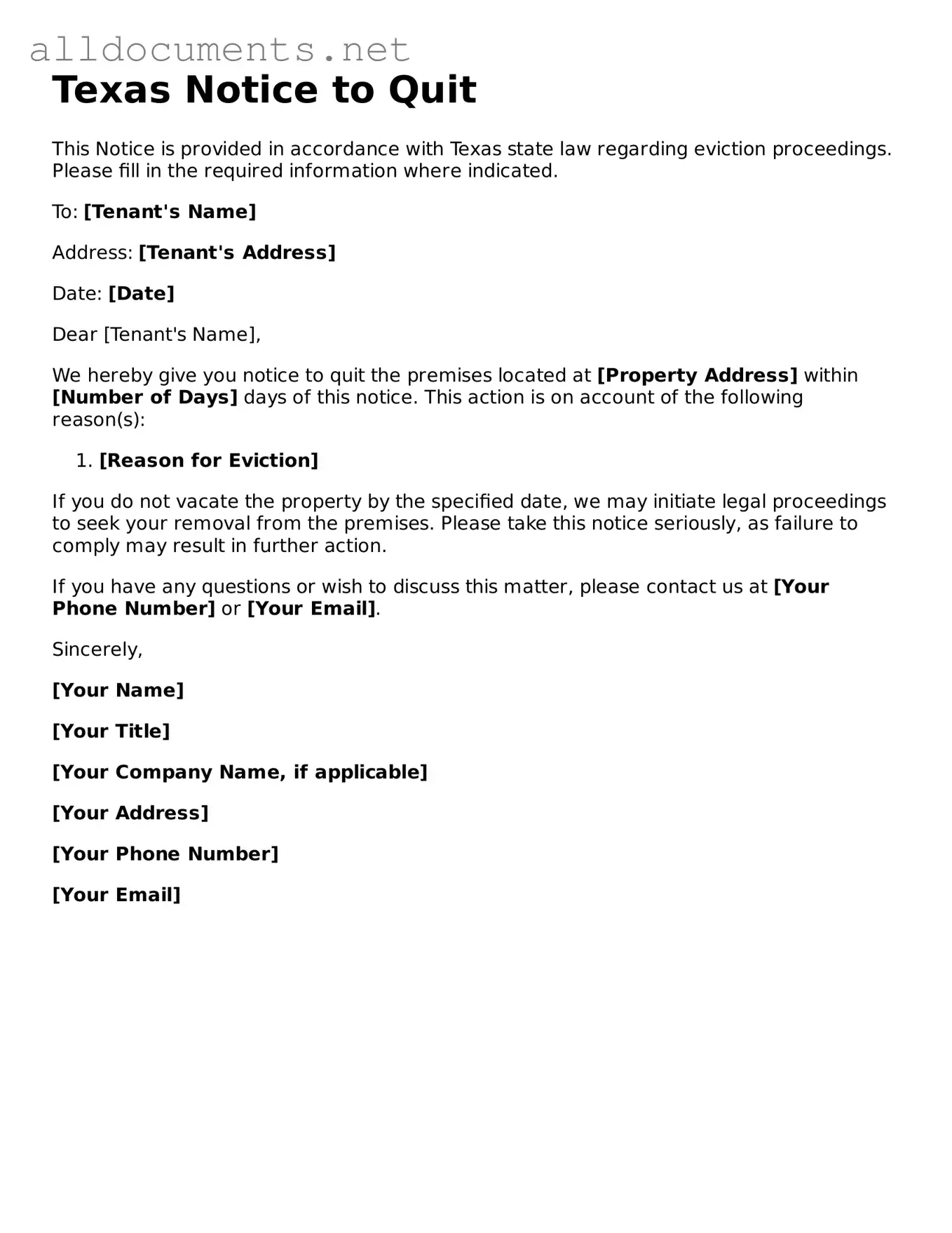 Official  Notice to Quit Template for Texas